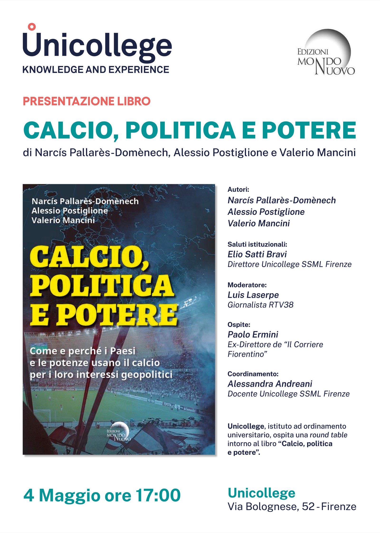 “CALCIO, POLITICA POTERE” – PRESENTAZIONE DEL LIBRO IN UNICOLLEGE FIRENZE